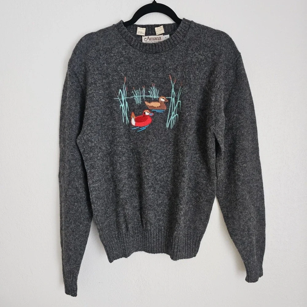 Amana Men's Grey Wool‎ Blend Duck Embroidered Fair Isle Vintage Sweater L USA
